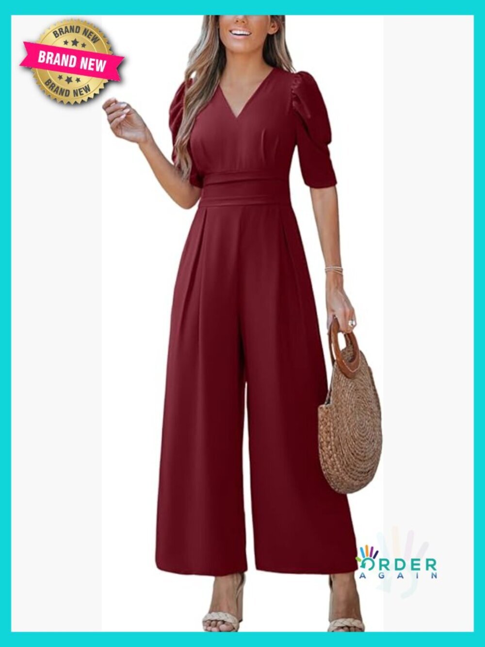 V Neck 3/4 Sleeve Wide Leg Jumpsuit with Pockets Dressy Casual Romper